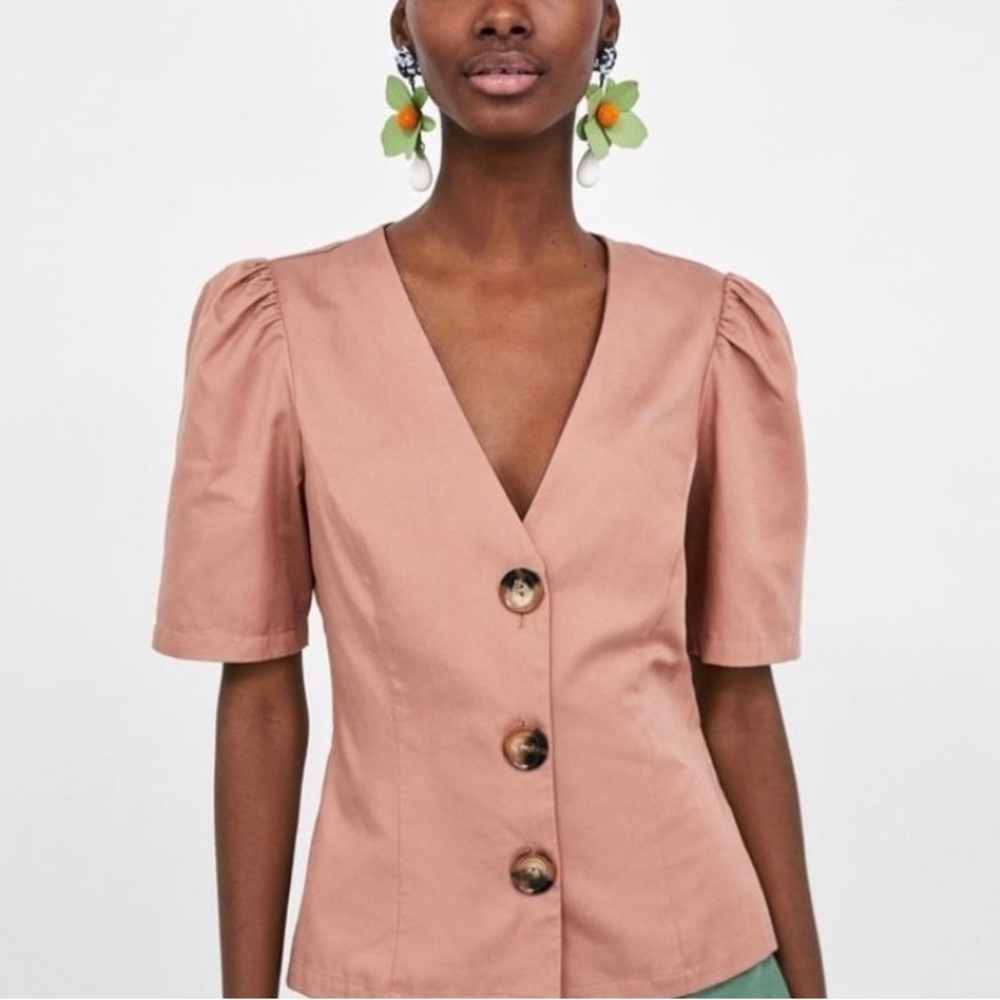 Zara Mauve Pink Pleated Puff Sleeve Button Down Top NWT